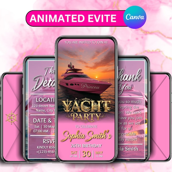 Roze jachtfeestuitnodiging, luxe bootverjaardagsfeestuitnodiging, digitale cruisevideo, bootfeest in het weekend, geanimeerd zomerevenement, doe-het-zelf Canva