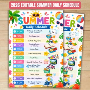 May include: A 2026 editable summer daily schedule chart featuring colourful illustrations of a sun, palm trees, beach balls, and sunglasses. The schedule lists hourly activities from 8:00 to 8:00 with icons for breakfast, play, crafts, and bedtime.
