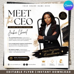Peut inclure: Un modèle de flyer numérique carré intitulé MEET THE CEO présentant une professionnelle en blazer noir. Le design inclut des accents de coups de pinceau dorés et noirs, des sections de texte pour une biographie et des icônes de service.