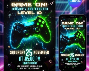 Video Game Party Invitation, Green Gamer Birthday Invitation, Level Up Birthday Invitation, Gamer Boy Template, Editable Canva Template