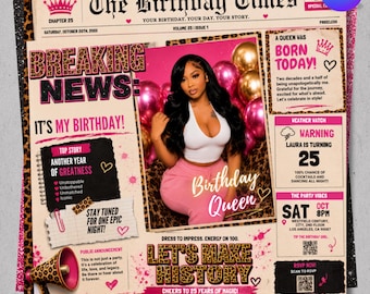 May include: A digital birthday flyer template titled The Birthday Times featuring a central photograph of a person in a white tank top and pink pants surrounded by pink and gold balloons. The layout includes text, leopard print accents, and party details.