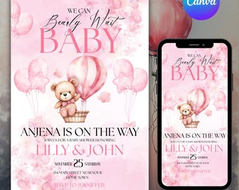 We Can Bearly Wait Baby Shower Invitation, Editable Teddy Bear Baby Shower Invitation, Balloon Bear Shower, Girl Baby Shower, Canva Editable