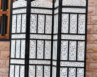 Biombo de madera blanco y negro / Biombo plegable de 4 paneles / Separador de ambientes estilo boho de Medieval Arts