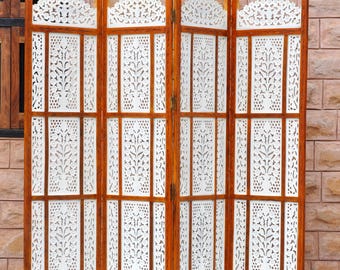 Wooden Room Divider Brown and White | 4 Panel Folding Screen | Boho Partition by Medieval Arts