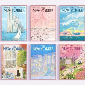 May include: A set of six framed The New Yorker magazine covers featuring various illustrations including a sailboat near skyscrapers, a theater stage, a seascape, a window view with a cat, a city street of brownstones, and a person in a park.