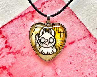 Cartoon cat original drawing glass heart cabochon pendant, original cat illustration cabochon necklace, wearable art jewelry