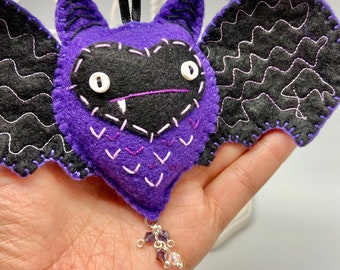 Purple and black Batilda bat ornament. Felt bat decoration.