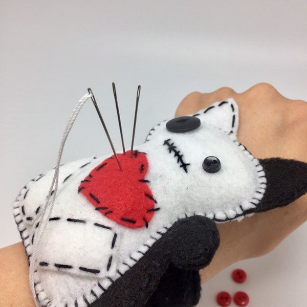 White Cat Pincushion, cat wrist pincushion, wristband pincushion, felt pincushion, sewing accessory, seamstress tool, needle cushion, pins