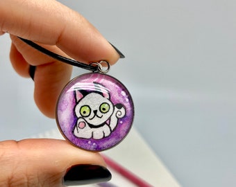 Cute cat original drawing glass cabochon pendant, original cat illustration cabochon necklace, wearable art jewelry