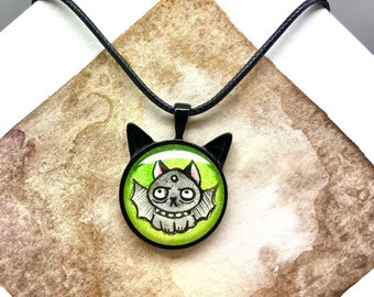 Green cat original drawing glass cabochon pendant, wearable art jewelry, original bat illustration cabochon necklace