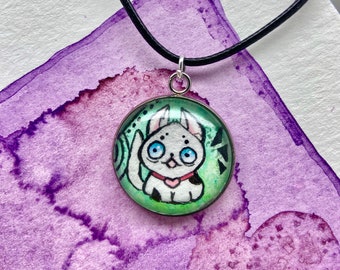 Cute cat cartoon drawing glass cabochon pendant, original cat illustration cabochon necklace, wearable art jewelry