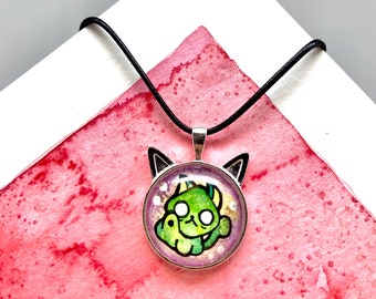 Cute cat original drawing glass cabochon pendant, original illustration cabochon necklace, wearable art jewelry