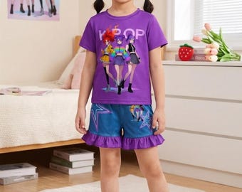 K Pop Demon Hunters Outfit - Huntrix K Pop Demon Hunters Fan Gift -Custom Denim Skirt Set- Custom K Pop Birthday Tee Shirt Shorts Set