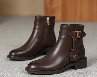 Dark Brown Genuine Leather Ankle Boots, Gold Buckle Zipper Booties, Minimalist Flat Sole Women's