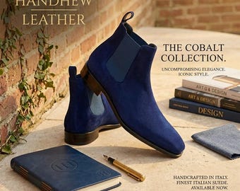 Handcrafted Italian Suede Chelsea Boots, Cobalt Blue Ankle Boot For Women