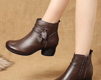 Brown Leather Ankle Boots, Vintage Chunky Heel Side Zip Booties