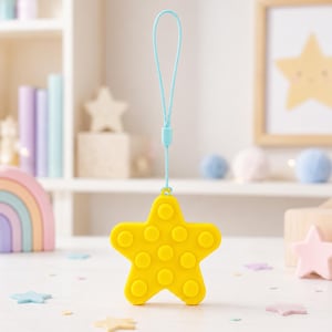 May include: A yellow star-shaped fidget toy with a light blue lanyard. The toy has circular indentations on its surface. The background includes a rainbow, stars, and other toys.