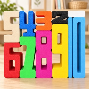 May include: A set of ten colorful foam number blocks arranged in a grid. The numbers zero through nine are represented in various bright colors including beige, blue, orange, black, red, green, pink, yellow, and white, with a blue number ten.