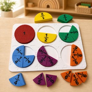 May include: A white educational board with circular cutouts containing colorful foam fraction pieces. The set includes a solid red circle labeled 1, yellow halves, green thirds, blue fourths, purple fifths, and orange sixths with black text.