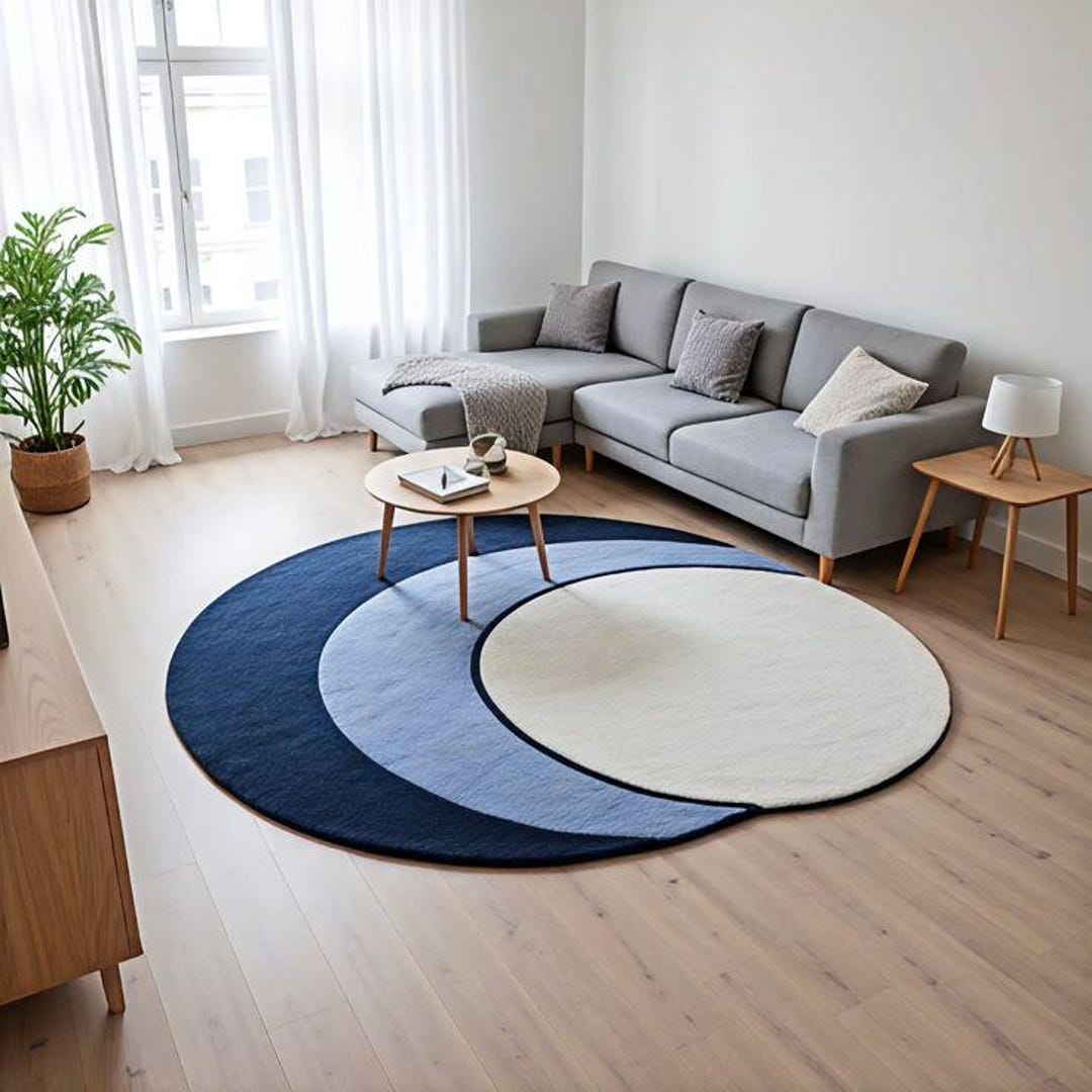 Layered Blue Rug Round Abstract Layered Rug, Navy Blue Light Blue Beige Carpet - Etsy