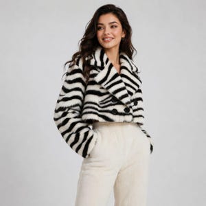 Könnte beinhalten: Eine kurz geschnittene Jacke mit schwarz-weißem Zebramuster, breitem Revers und zweireihigen schwarzen Knöpfen, kombiniert mit einer einfarbigen, cremeweißen Hose mit hoher Taille. Die Jacke hat lange Ärmel und eine weiche, strukturierte Kunstfelloptik.