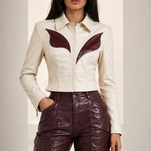 Cream Cropped Leather Jacket, Burgundy Western Detail, Fitted Moto Coat