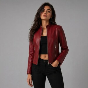 Chaqueta de cuero rojo burdeos estilo motero / Corte ajustado con cremallera, estilo minimalista hecho a mano