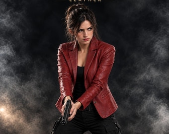 Blazer rojo de cuero genuino para mujer, estilo película de terror, inspirado en el cosplay de videojuegos. Chaqueta ajustada hecha a mano.
