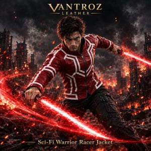 King of Fighters Cosplay Leather Jacket, Red Pattern Design, Sci-Fi Warrior Racer Jacket