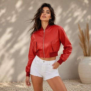 Red Cropped Genuine Leather Bomber Jacket, Handmade Zip Up Ribbed Coat