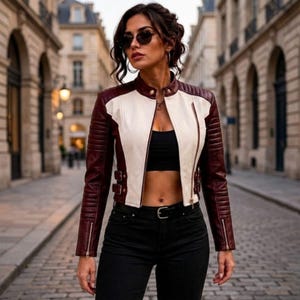 May include: A cropped jacket featuring a deep burgundy and cream color block design, a mandarin collar with a snap button, quilted shoulder and sleeve detailing, side buckle adjustments, and a full-length front zipper closure worn over a black top.