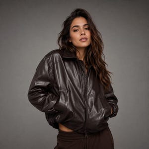 Dunkelbraune Ballon-Bomberjacke aus echtem Lammleder, Vintage Style Oversized Oberbekleidung