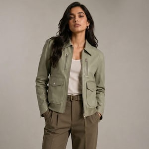 Könnte beinhalten: Eine salbeigrüne Lederjacke mit klassischem Kragen, durchgehendem Frontreißverschluss, zwei vertikalen Reißverschlusstaschen auf der Brust und zwei unteren Pattentaschen mit Druckknöpfen. Getragen über einem weißen Oberteil und olivgrüner Hose.