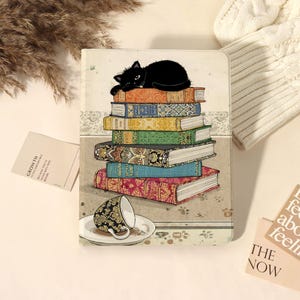 Black Cat Vintage Book Stack iPad Case, Personalized Cover for iPad 10th 10.9", A16 11", Air 4/5 10.9", Auto Wake/Sleep, Gift for Cat Lovers