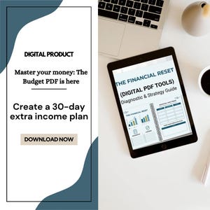 Puede incluir: Una tableta digital muestra una guía de planificación financiera titulada "The Financial Reset". El texto en la tableta dice "Diagnostic & Strategy Guide". La imagen también incluye una computadora portátil, una taza de café y elementos decorativos.