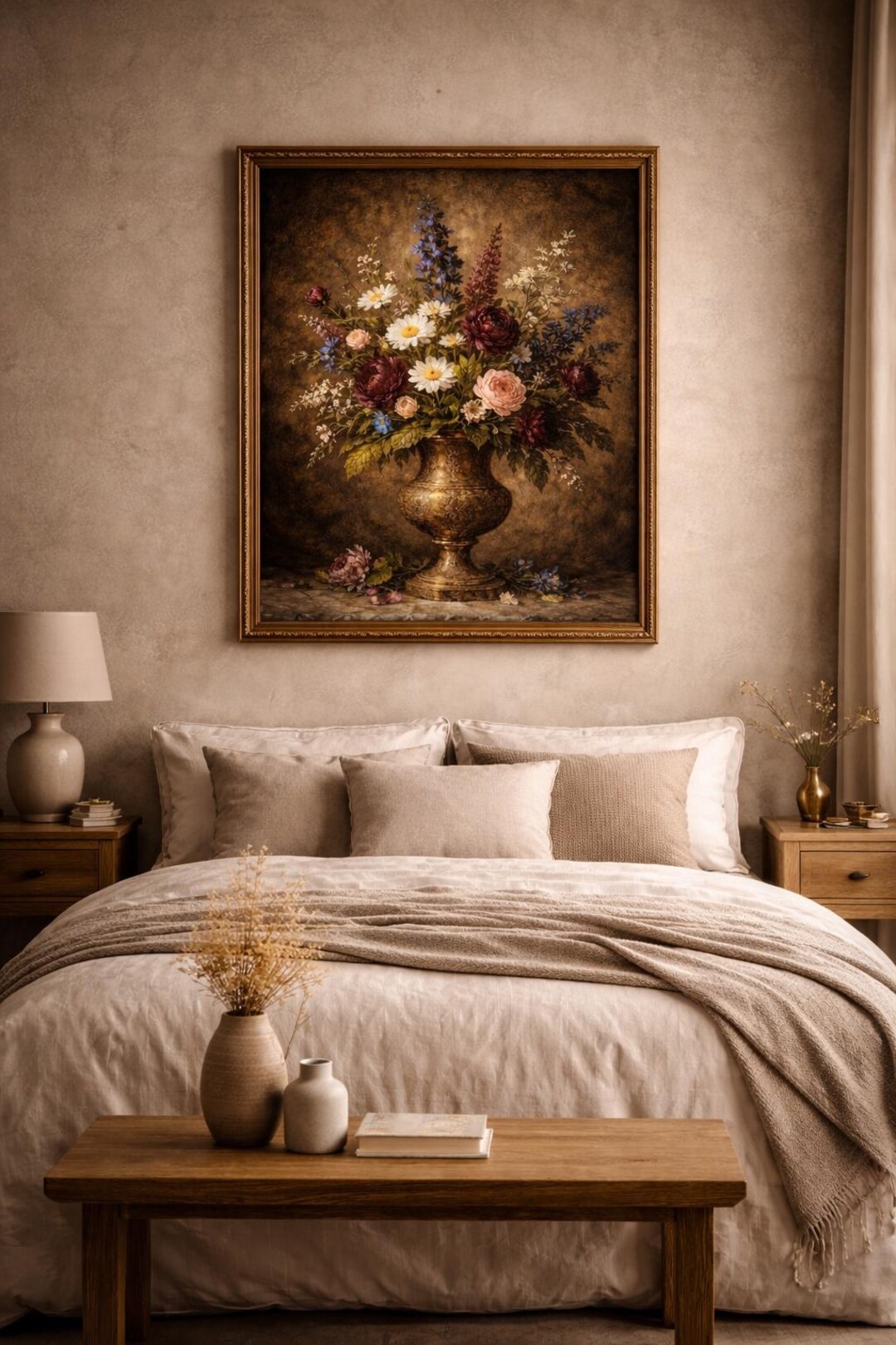 Vintage Wildflower Bouquet Oil Painting Print, Moody Floral Wall Art ...