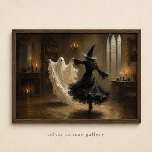May include: A framed wall art print featuring an oil painting of a witch in a black dress and pointed hat dancing with a white ghost in a dimly lit room with a fireplace, candles, and a bookshelf. The text velvet canvas gallery is below.