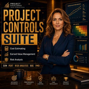 May include: A digital graphic for Project Excellence Project Controls Suite featuring text, icons, and data charts. The layout includes lists for Cost Estimating, Earned Value Management, and Risk Analysis, alongside performance metrics and a professional business theme.