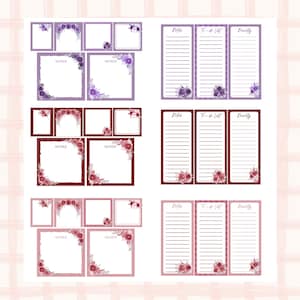 May include: A collection of stationery items, including notepads and to-do lists, in shades of purple, burgundy, and pink. Each item is adorned with floral corner designs. The word "NOTES", "To-Do List", and "Priority" are visible.