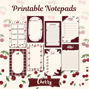 May include: A collection of printable notepads featuring cherry-themed designs in shades of dark red and cream. The set includes various layouts such as weekly planners, lined reminder sheets, to-do lists, and blank note pages with decorative borders.
