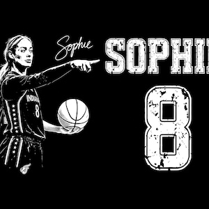 May include: A black and white graphic illustration of a basketball player wearing a jersey with the number 8, pointing forward while holding a basketball. The text Sophie is written in both script and block lettering, alongside the large number 8.