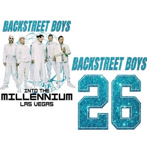 Puede incluir: Un diseño gráfico que muestra a los Backstreet Boys con trajes blancos frente al contorno de un globo terráqueo. El texto dice BACKSTREET BOYS, INTO THE MILLENNIUM LAS VEGAS, y un gran número 26 azul brillante con borde oscuro a la derecha.