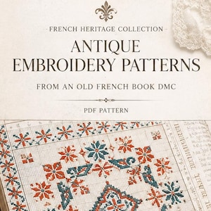 May include: A PDF pattern titled Antique Embroidery Patterns from an old French book DMC, featuring a cross-stitch design with red and teal geometric star motifs on a grid background, with a circular PDF instant download badge in the corner.