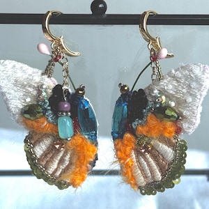 Butterfly earrings, silk and velvet, vintage beads, textile jewelry.
