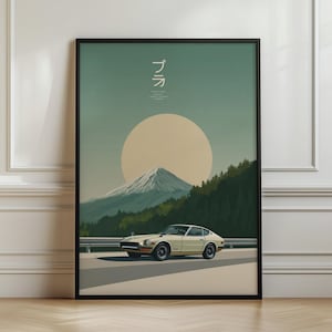 Poster med klassisk japansk sportbil från berget Fuji, Datsun 240Z-tryck, vintageväggkonst i Japan, turkosgrön retrobildekor