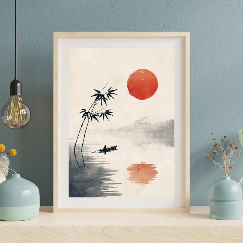 Japanese Bamboo Wall Art Print, Minimalist Zen Lake Poster, Red Sun ...