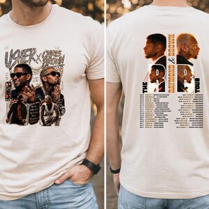 以下が含まれることがあります： 前面に「USHER X CHRIS BROWN」の文字とアッシャーとクリス・ブラウンのグラフィックプリントが施されたクリーム色のTシャツ。背面にはアーティストのポートレート、「THE RAYMOND & BROWN TOUR」の文字、ツアー日程のリストがプリントされています。