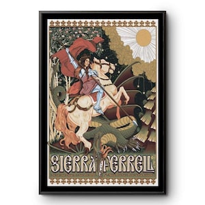 May include: A framed concert poster for Sierra Ferrell featuring an illustration of a knight in armor riding a white horse and holding a red flag while standing over a green dragon. The sun shines in the background above a forest scene.