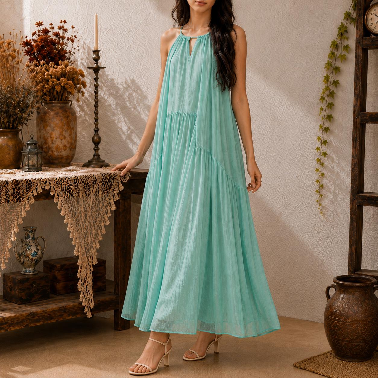 Aqua Maxi Dress for Women, Flowy Boho Summer Dress, Beach Vacation Sundress, Resort Wear