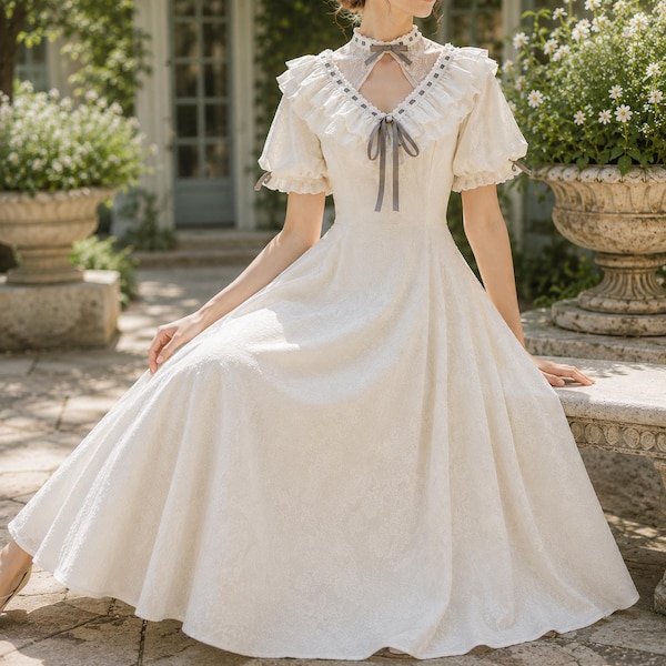 Vestido midi de renda marfim, estilo vintage cottagecore com babados, ideal para convidadas de casamento românticas, um presente de aniversário luxuoso para ela.